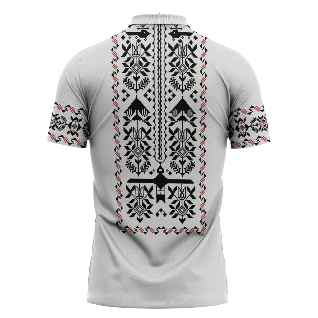 Ukraine Military Vyshyvanka Pattern Zipper Polo Shirt Ukrainian Heritage White Tactical Style - Wonder Print Shop
