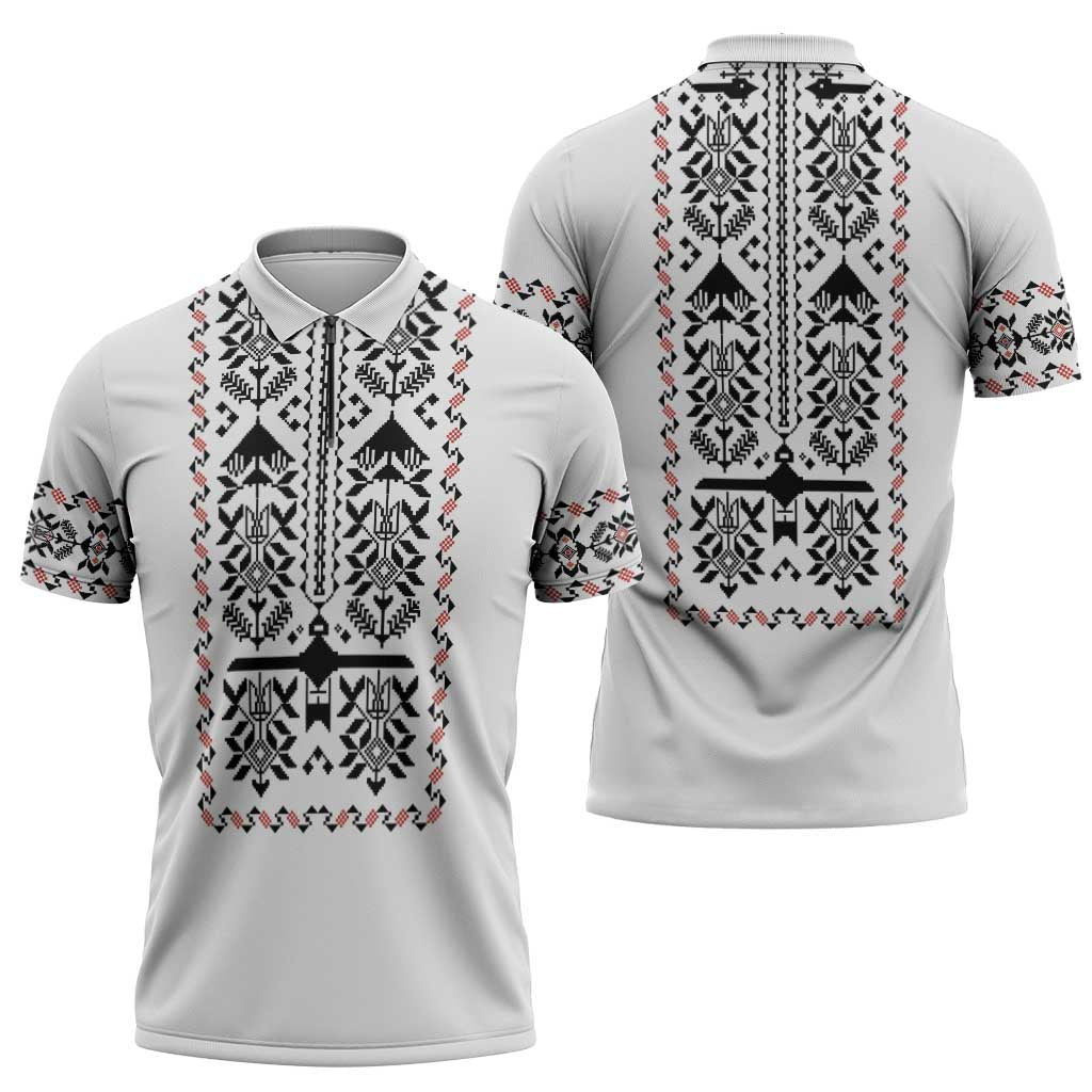 Ukraine Military Vyshyvanka Pattern Zipper Polo Shirt Ukrainian Heritage White Tactical Style - Wonder Print Shop