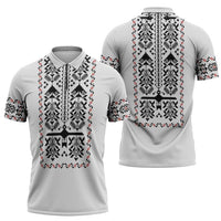 Ukraine Military Vyshyvanka Pattern Zipper Polo Shirt Ukrainian Heritage White Tactical Style - Wonder Print Shop