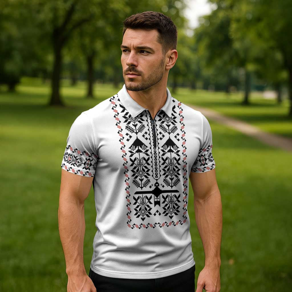 Ukraine Military Vyshyvanka Pattern Zipper Polo Shirt Ukrainian Heritage White Tactical Style - Wonder Print Shop