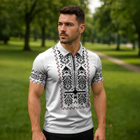 Ukraine Military Vyshyvanka Pattern Zipper Polo Shirt Ukrainian Heritage White Tactical Style - Wonder Print Shop