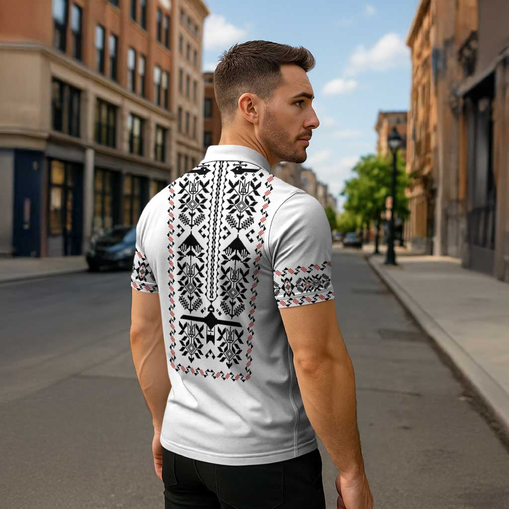 Ukraine Military Vyshyvanka Pattern Zipper Polo Shirt Ukrainian Heritage White Tactical Style - Wonder Print Shop