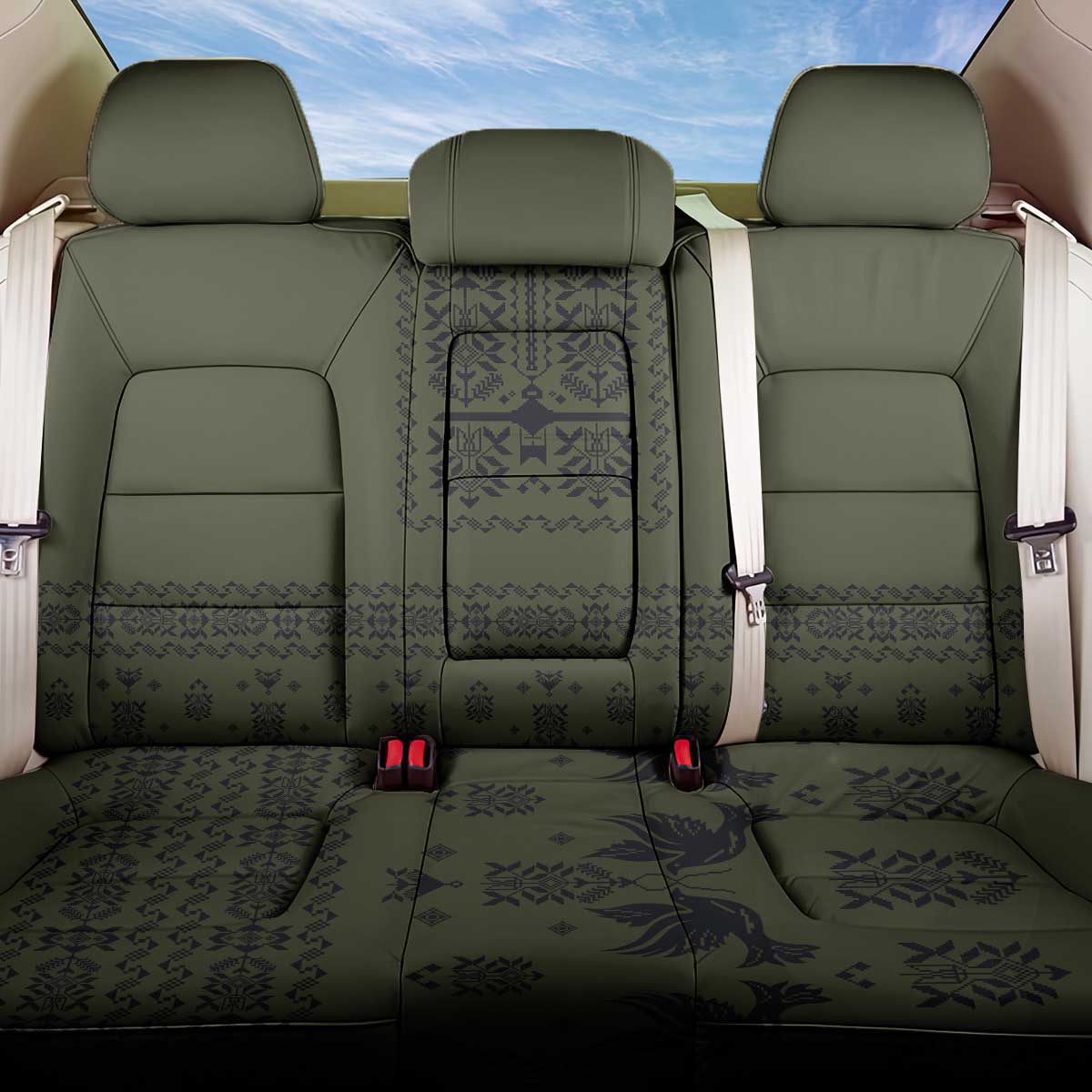 Ukraine Military Vyshyvanka Pattern Back Car Seat Cover Ukrainian Heritage Green Tactical Style - Wonder Print Shop