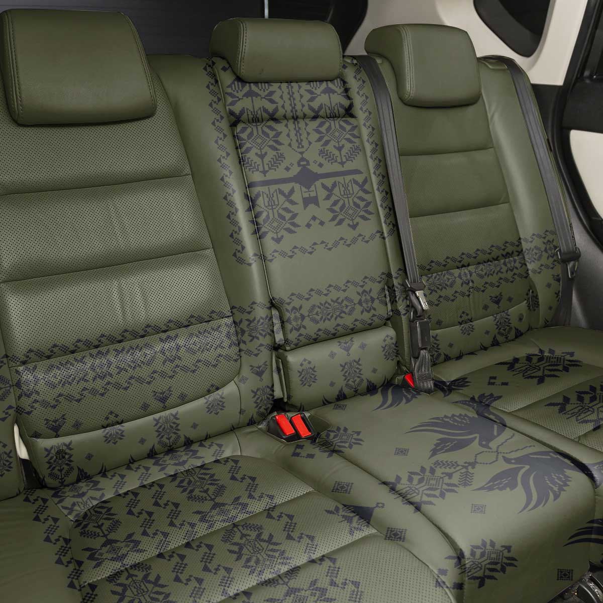 Ukraine Military Vyshyvanka Pattern Back Car Seat Cover Ukrainian Heritage Green Tactical Style - Wonder Print Shop