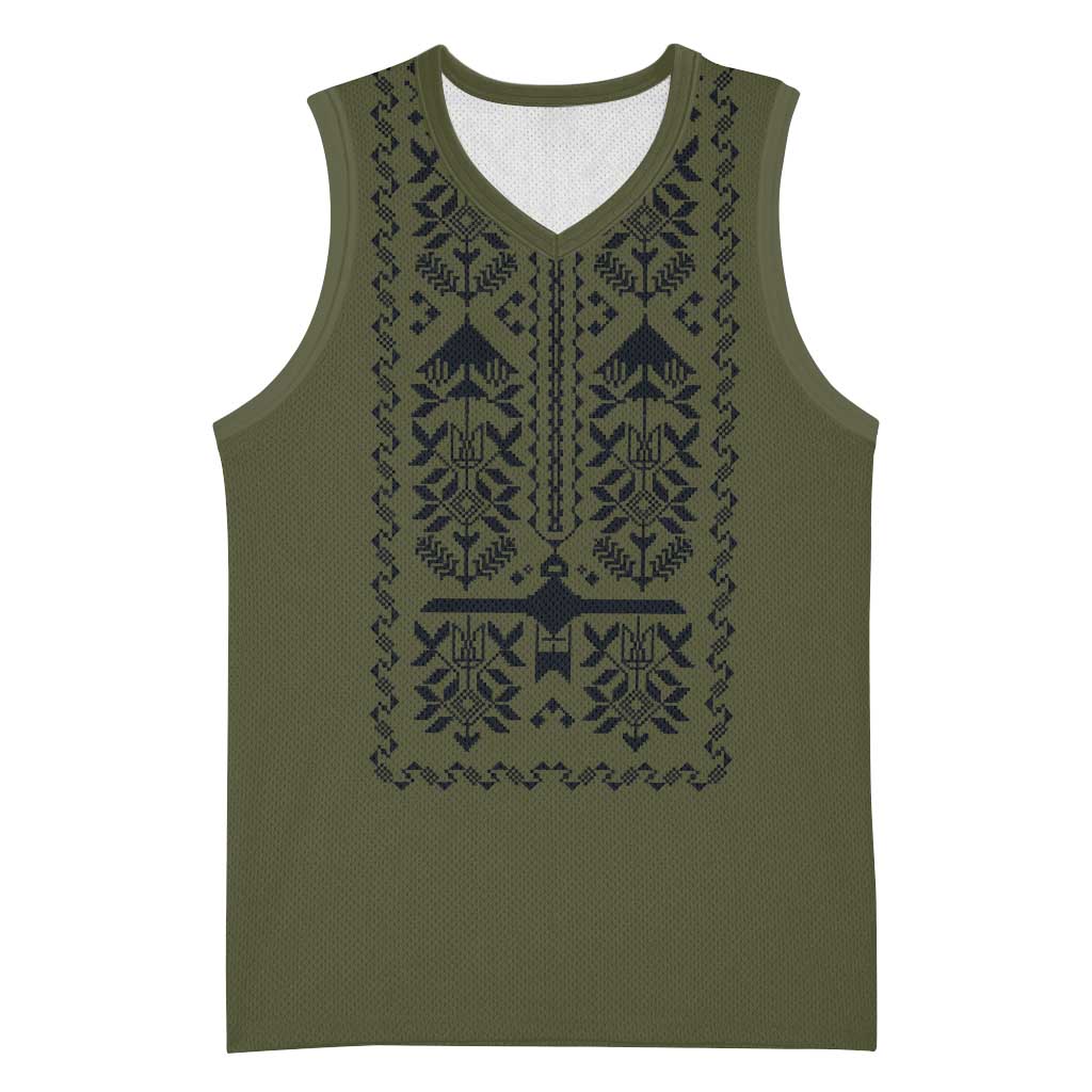 Ukraine Military Vyshyvanka Pattern Basketball Jersey Ukrainian Heritage Green Tactical Style - Wonder Print Shop