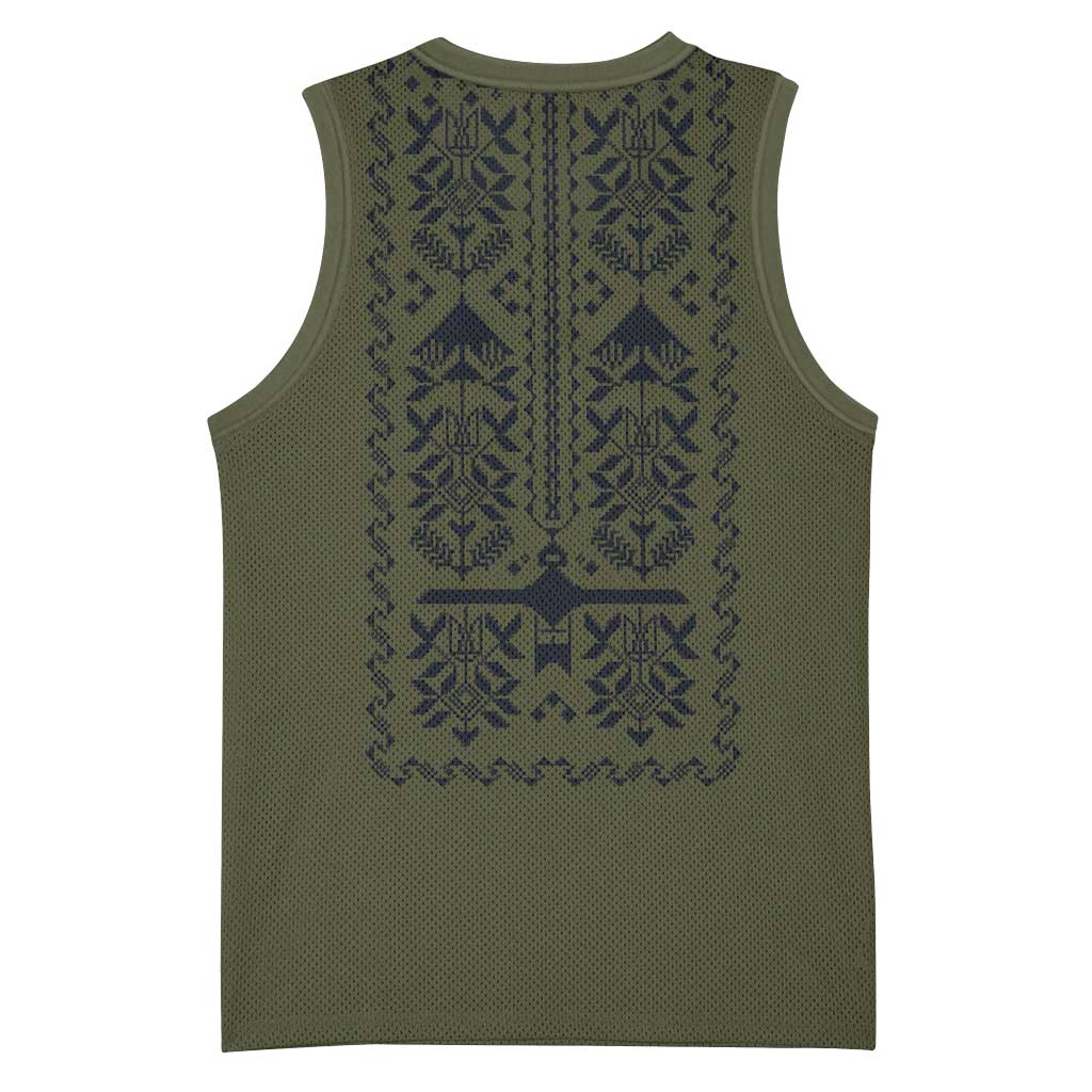 Ukraine Military Vyshyvanka Pattern Basketball Jersey Ukrainian Heritage Green Tactical Style - Wonder Print Shop