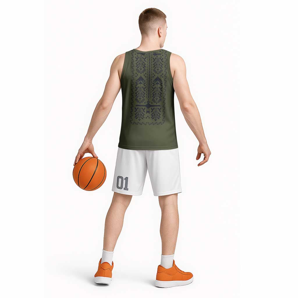 Ukraine Military Vyshyvanka Pattern Basketball Jersey Ukrainian Heritage Green Tactical Style - Wonder Print Shop