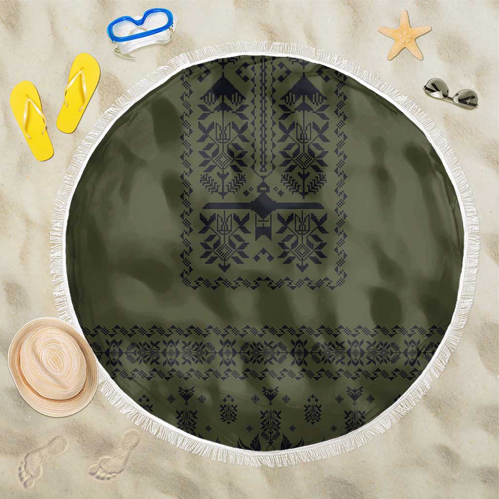 Ukraine Military Vyshyvanka Pattern Beach Blanket Ukrainian Heritage Green Tactical Style - Wonder Print Shop