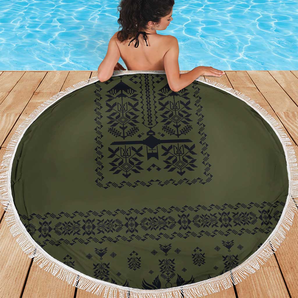 Ukraine Military Vyshyvanka Pattern Beach Blanket Ukrainian Heritage Green Tactical Style - Wonder Print Shop