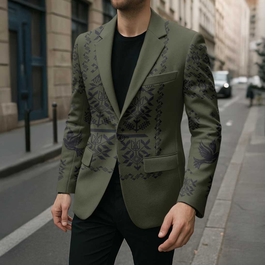 Ukraine Military Vyshyvanka Pattern Blazer Ukrainian Heritage Green Tactical Style - Wonder Print Shop
