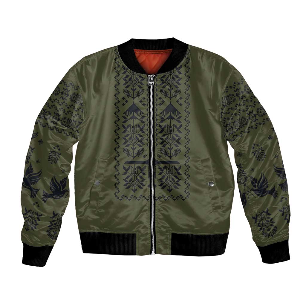 Ukraine Military Vyshyvanka Pattern Bomber Jacket Ukrainian Heritage Green Tactical Style - Wonder Print Shop