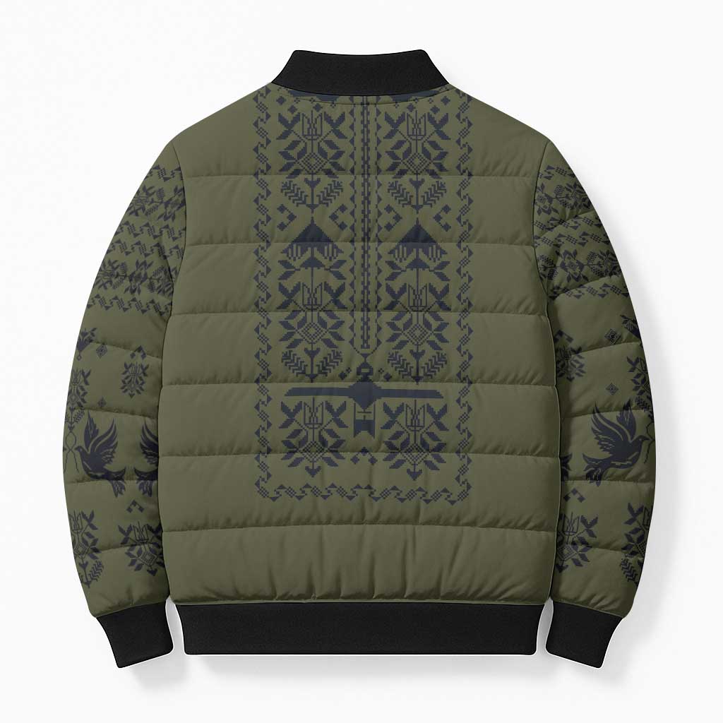 Ukraine Military Vyshyvanka Pattern Bomber Puffer Jacket Ukrainian Heritage Green Tactical Style - Wonder Print Shop