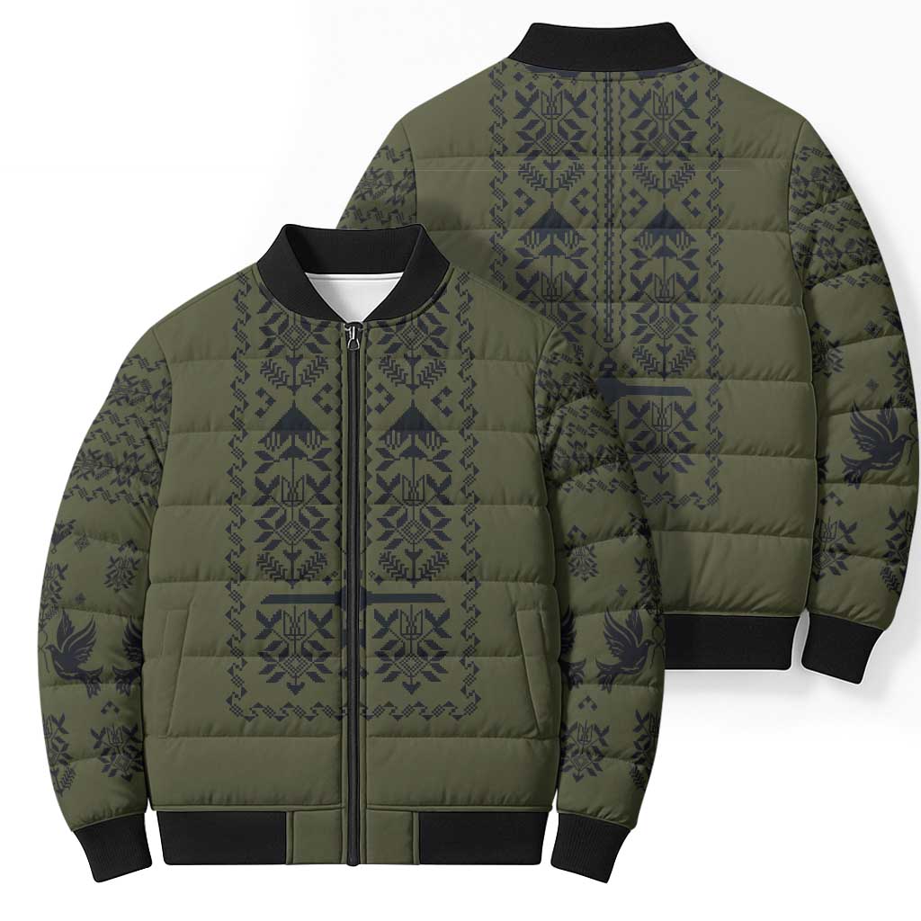Ukraine Military Vyshyvanka Pattern Bomber Puffer Jacket Ukrainian Heritage Green Tactical Style - Wonder Print Shop