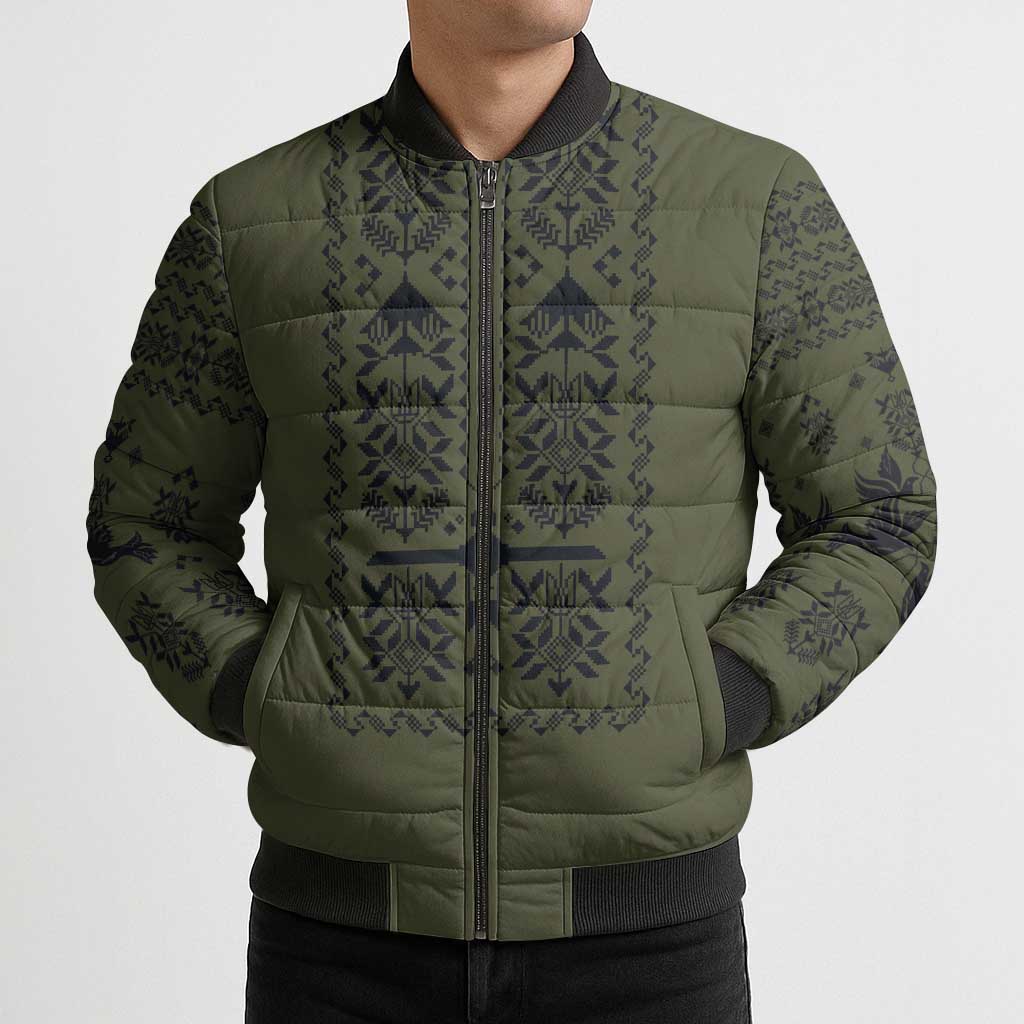 Ukraine Military Vyshyvanka Pattern Bomber Puffer Jacket Ukrainian Heritage Green Tactical Style - Wonder Print Shop