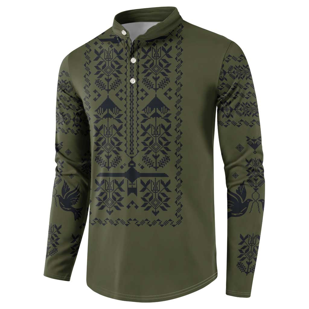 Ukraine Military Vyshyvanka Pattern Button Sweatshirt Ukrainian Heritage Green Tactical Style - Wonder Print Shop