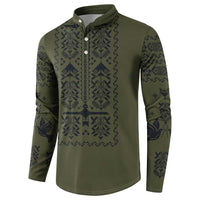Ukraine Military Vyshyvanka Pattern Button Sweatshirt Ukrainian Heritage Green Tactical Style - Wonder Print Shop