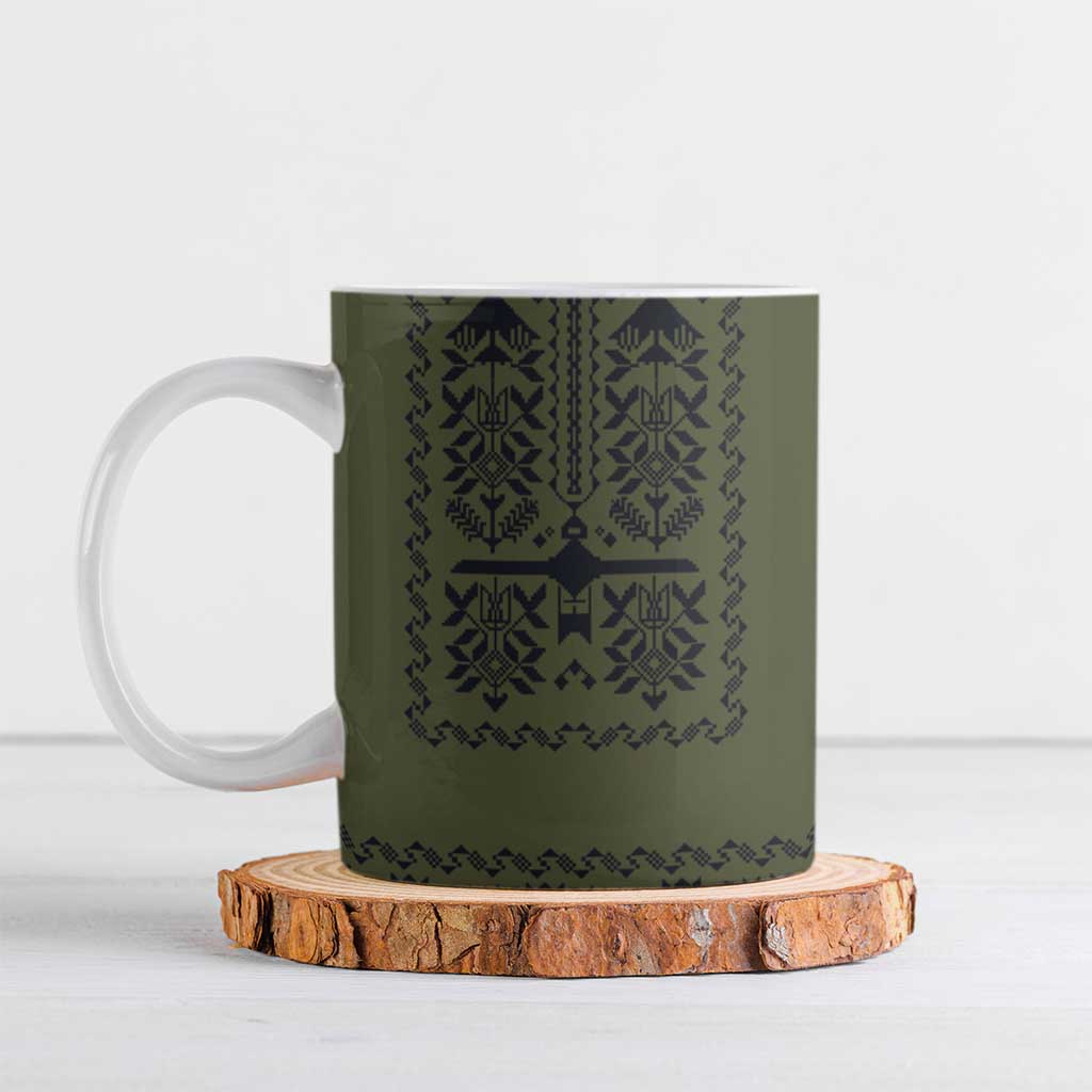 Ukraine Military Vyshyvanka Pattern Ceramic Mug Ukrainian Heritage Green Tactical Style - Wonder Print Shop