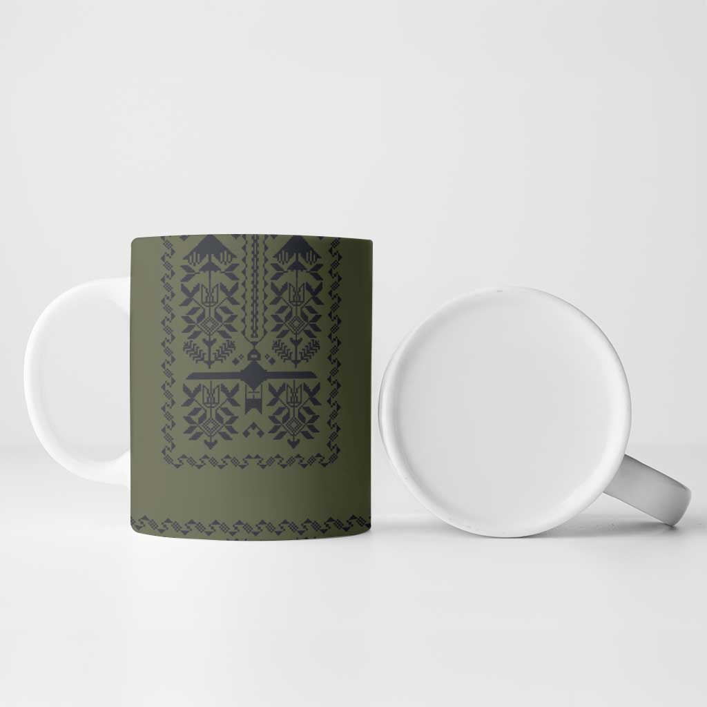 Ukraine Military Vyshyvanka Pattern Ceramic Mug Ukrainian Heritage Green Tactical Style - Wonder Print Shop