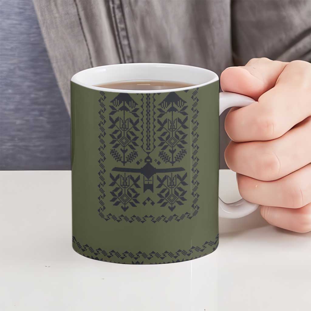 Ukraine Military Vyshyvanka Pattern Ceramic Mug Ukrainian Heritage Green Tactical Style - Wonder Print Shop