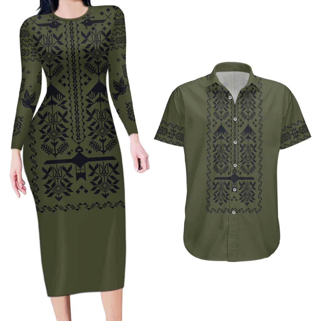 Ukraine Military Vyshyvanka Pattern Couples Matching Long Sleeve Bodycon Dress and Hawaiian Shirt Ukrainian Heritage Green Tactical Style - Wonder Print Shop