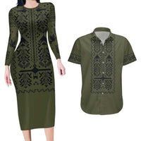 Ukraine Military Vyshyvanka Pattern Couples Matching Long Sleeve Bodycon Dress and Hawaiian Shirt Ukrainian Heritage Green Tactical Style - Wonder Print Shop