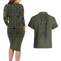 Ukraine Military Vyshyvanka Pattern Couples Matching Long Sleeve Bodycon Dress and Hawaiian Shirt Ukrainian Heritage Green Tactical Style - Wonder Print Shop