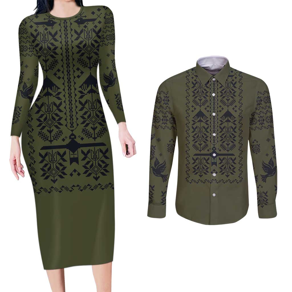 Ukraine Military Vyshyvanka Pattern Couples Matching Long Sleeve Bodycon Dress and Long Sleeve Button Shirt Ukrainian Heritage Green Tactical Style - Wonder Print Shop