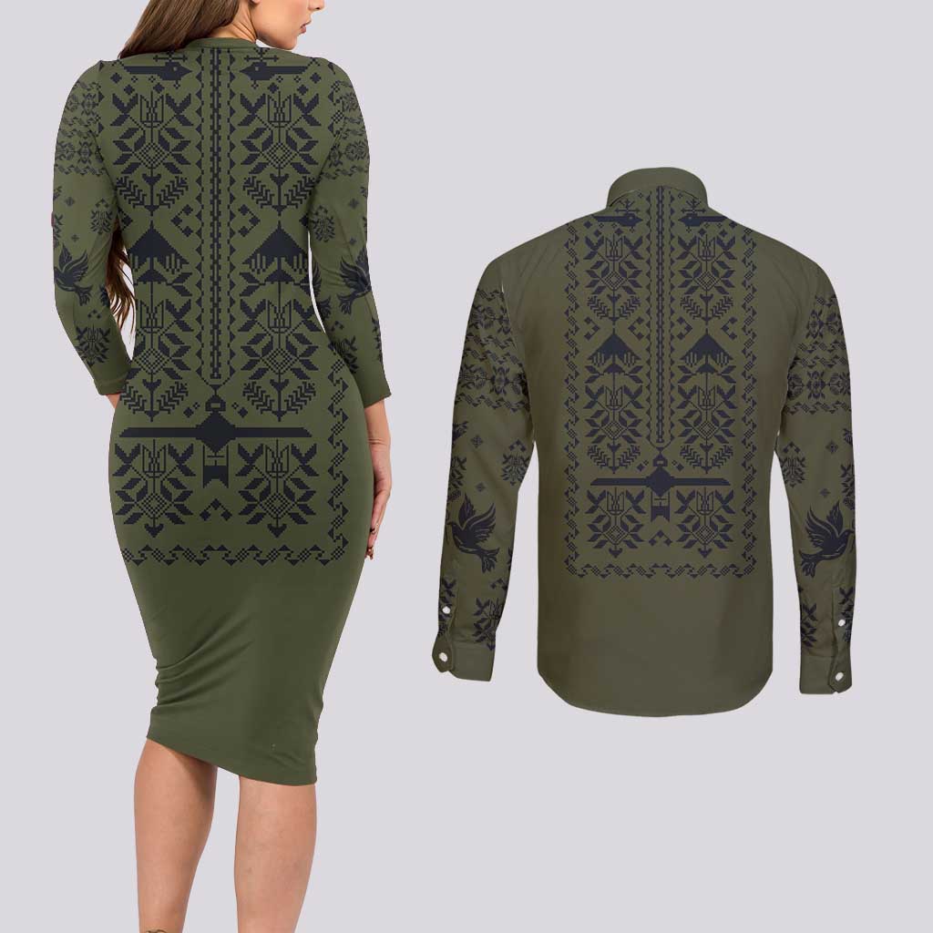 Ukraine Military Vyshyvanka Pattern Couples Matching Long Sleeve Bodycon Dress and Long Sleeve Button Shirt Ukrainian Heritage Green Tactical Style - Wonder Print Shop