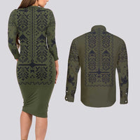 Ukraine Military Vyshyvanka Pattern Couples Matching Long Sleeve Bodycon Dress and Long Sleeve Button Shirt Ukrainian Heritage Green Tactical Style - Wonder Print Shop