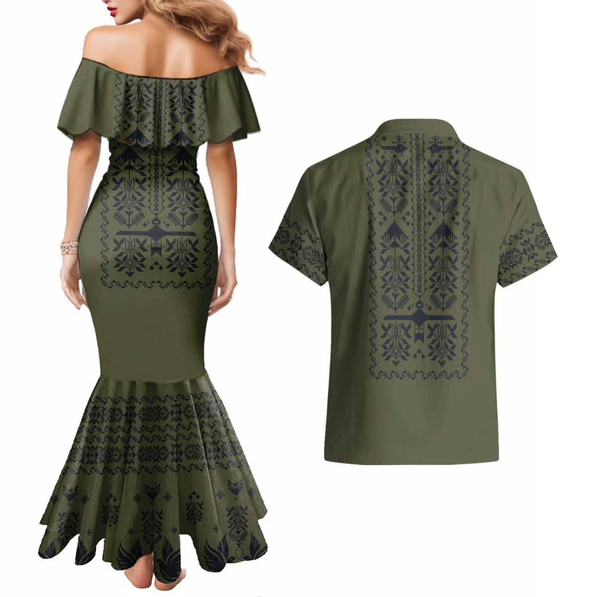 Ukraine Military Vyshyvanka Pattern Couples Matching Mermaid Dress and Hawaiian Shirt Ukrainian Heritage Green Tactical Style - Wonder Print Shop