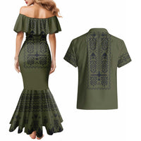 Ukraine Military Vyshyvanka Pattern Couples Matching Mermaid Dress and Hawaiian Shirt Ukrainian Heritage Green Tactical Style - Wonder Print Shop