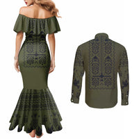 Ukraine Military Vyshyvanka Pattern Couples Matching Mermaid Dress and Long Sleeve Button Shirt Ukrainian Heritage Green Tactical Style - Wonder Print Shop
