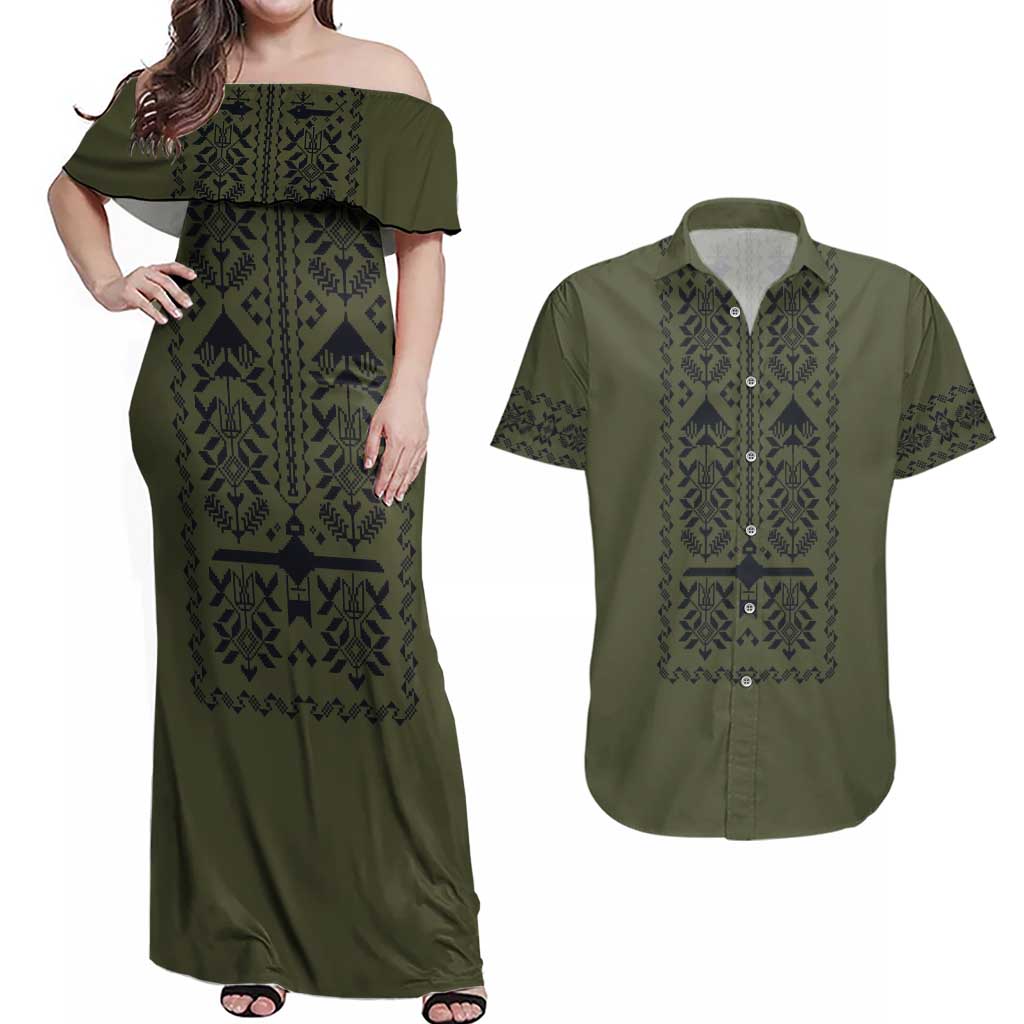 Ukraine Military Vyshyvanka Pattern Couples Matching Off Shoulder Maxi Dress and Hawaiian Shirt Ukrainian Heritage Green Tactical Style - Wonder Print Shop