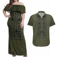Ukraine Military Vyshyvanka Pattern Couples Matching Off Shoulder Maxi Dress and Hawaiian Shirt Ukrainian Heritage Green Tactical Style - Wonder Print Shop