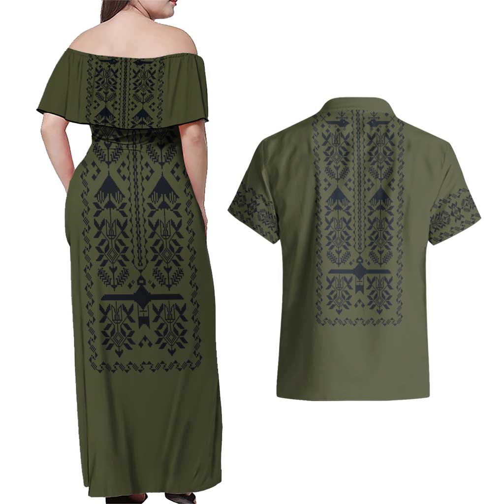 Ukraine Military Vyshyvanka Pattern Couples Matching Off Shoulder Maxi Dress and Hawaiian Shirt Ukrainian Heritage Green Tactical Style - Wonder Print Shop