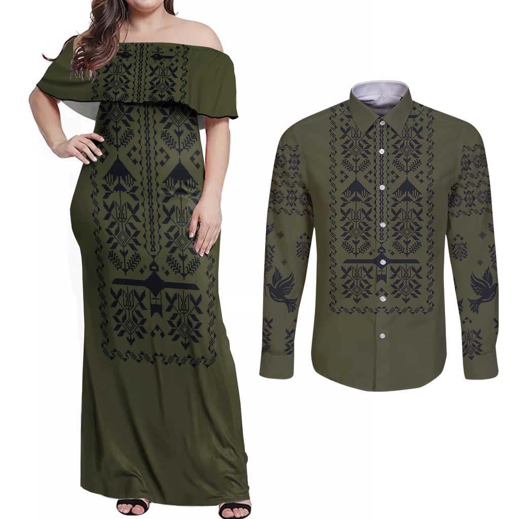 Ukraine Military Vyshyvanka Pattern Couples Matching Off Shoulder Maxi Dress and Long Sleeve Button Shirt Ukrainian Heritage Green Tactical Style - Wonder Print Shop
