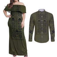 Ukraine Military Vyshyvanka Pattern Couples Matching Off Shoulder Maxi Dress and Long Sleeve Button Shirt Ukrainian Heritage Green Tactical Style - Wonder Print Shop