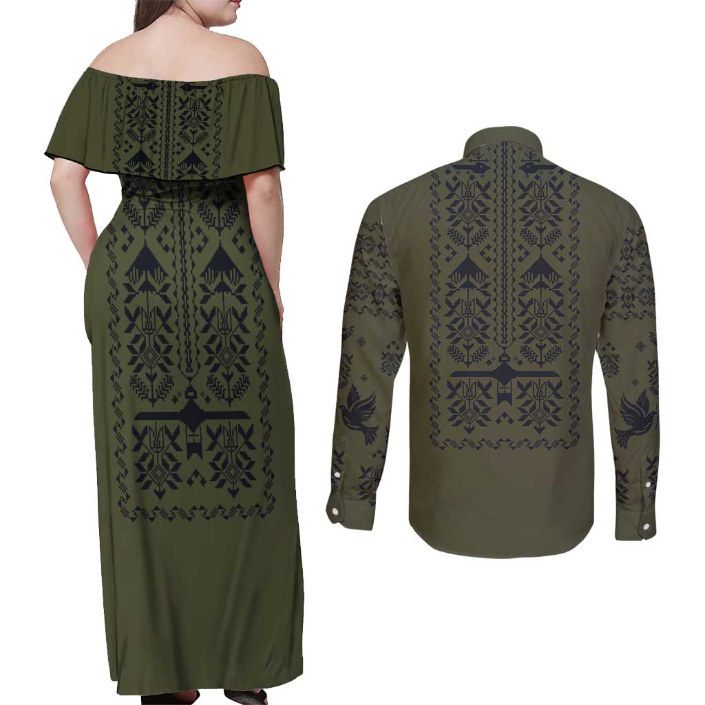 Ukraine Military Vyshyvanka Pattern Couples Matching Off Shoulder Maxi Dress and Long Sleeve Button Shirt Ukrainian Heritage Green Tactical Style - Wonder Print Shop