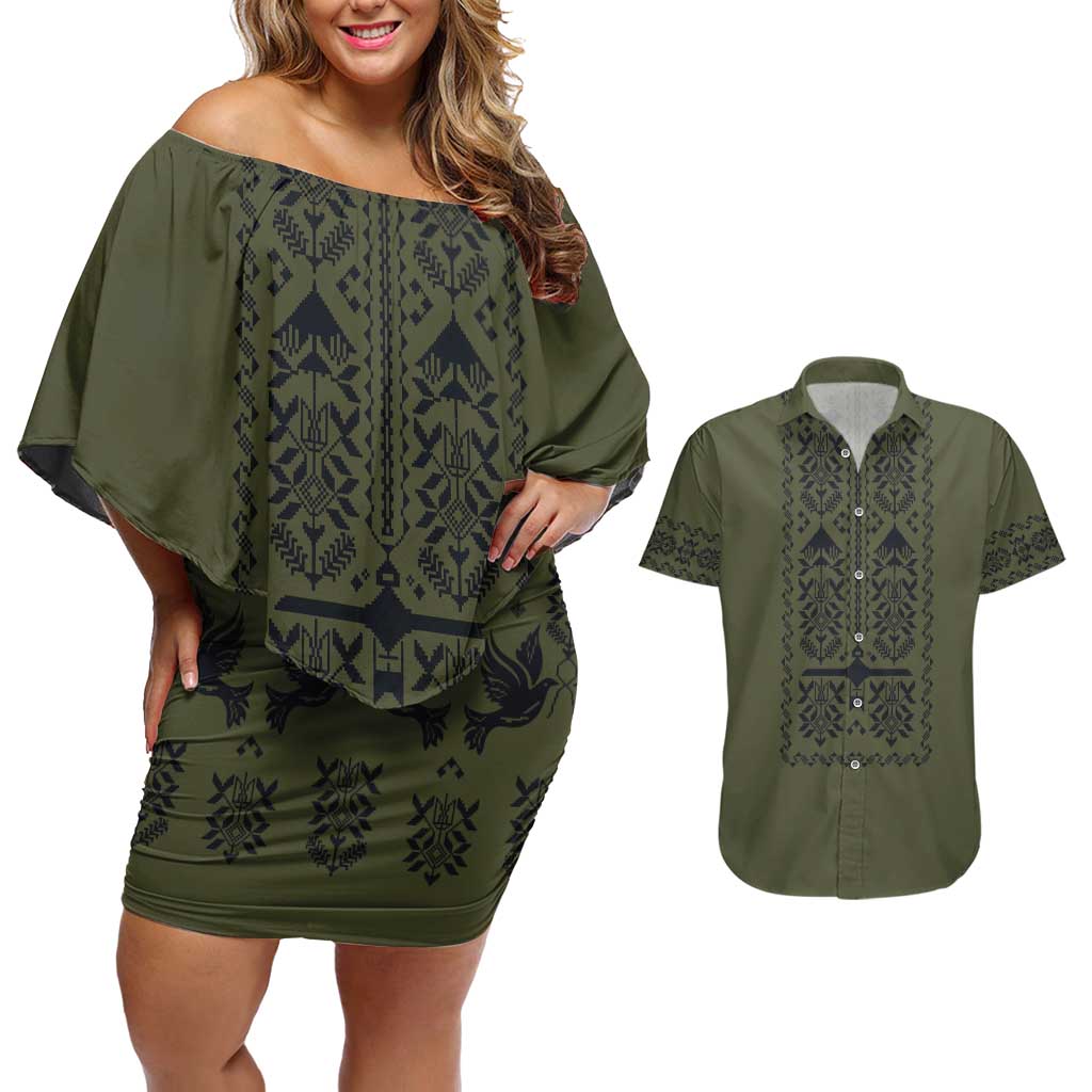 Ukraine Military Vyshyvanka Pattern Couples Matching Off Shoulder Short Dress and Hawaiian Shirt Ukrainian Heritage Green Tactical Style - Wonder Print Shop