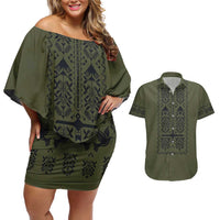 Ukraine Military Vyshyvanka Pattern Couples Matching Off Shoulder Short Dress and Hawaiian Shirt Ukrainian Heritage Green Tactical Style - Wonder Print Shop