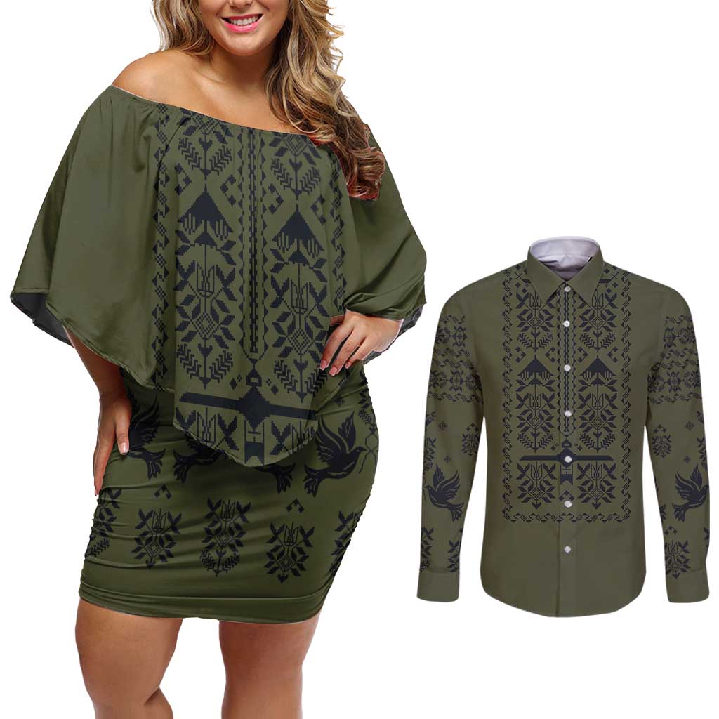Ukraine Military Vyshyvanka Pattern Couples Matching Off Shoulder Short Dress and Long Sleeve Button Shirt Ukrainian Heritage Green Tactical Style - Wonder Print Shop