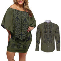 Ukraine Military Vyshyvanka Pattern Couples Matching Off Shoulder Short Dress and Long Sleeve Button Shirt Ukrainian Heritage Green Tactical Style - Wonder Print Shop