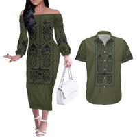 Ukraine Military Vyshyvanka Pattern Couples Matching Off The Shoulder Long Sleeve Dress and Hawaiian Shirt Ukrainian Heritage Green Tactical Style - Wonder Print Shop