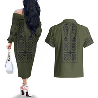 Ukraine Military Vyshyvanka Pattern Couples Matching Off The Shoulder Long Sleeve Dress and Hawaiian Shirt Ukrainian Heritage Green Tactical Style - Wonder Print Shop