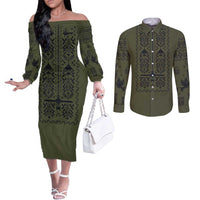 Ukraine Military Vyshyvanka Pattern Couples Matching Off The Shoulder Long Sleeve Dress and Long Sleeve Button Shirt Ukrainian Heritage Green Tactical Style - Wonder Print Shop