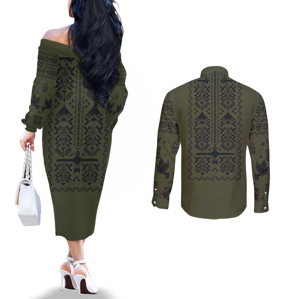Ukraine Military Vyshyvanka Pattern Couples Matching Off The Shoulder Long Sleeve Dress and Long Sleeve Button Shirt Ukrainian Heritage Green Tactical Style - Wonder Print Shop