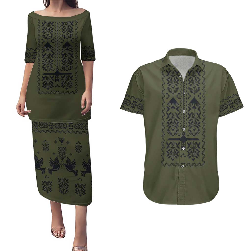 Ukraine Military Vyshyvanka Pattern Couples Matching Puletasi and Hawaiian Shirt Ukrainian Heritage Green Tactical Style - Wonder Print Shop