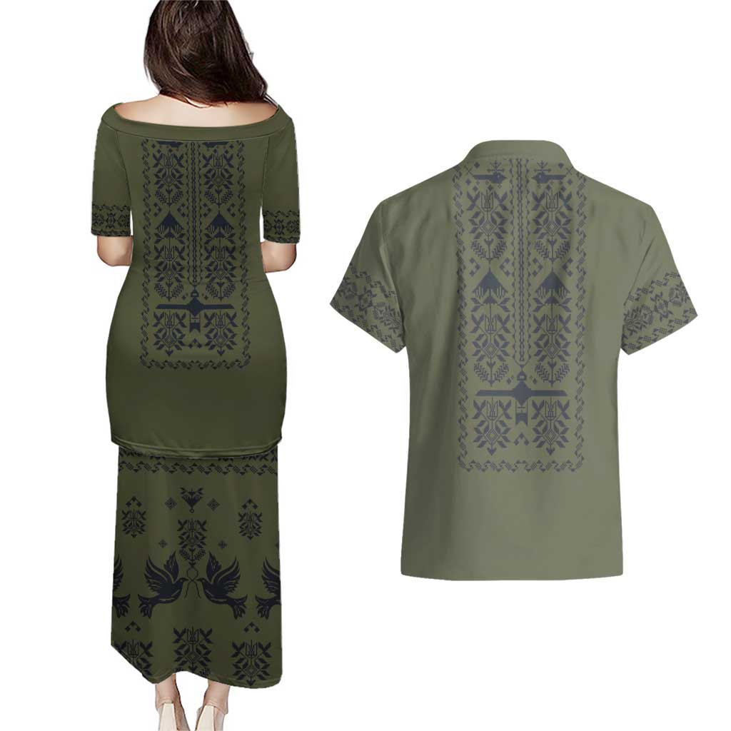 Ukraine Military Vyshyvanka Pattern Couples Matching Puletasi and Hawaiian Shirt Ukrainian Heritage Green Tactical Style - Wonder Print Shop