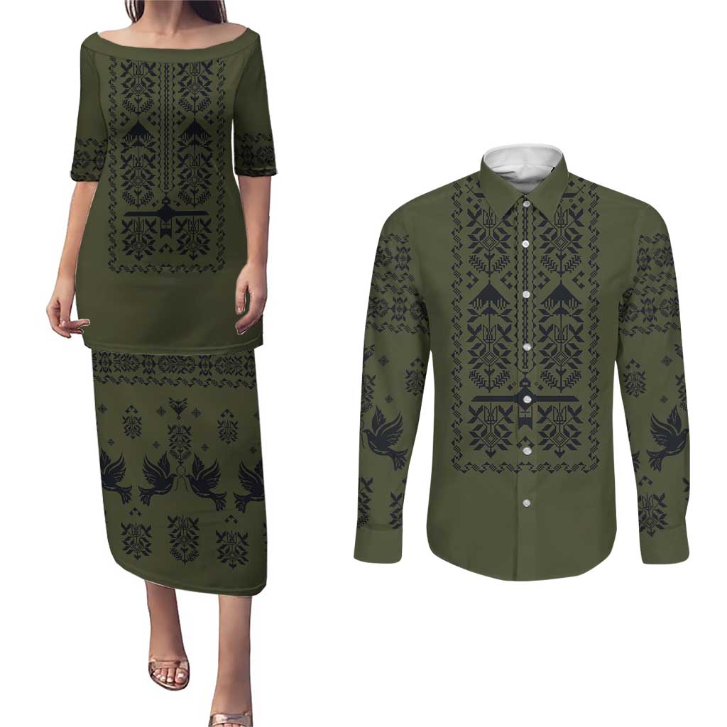 Ukraine Military Vyshyvanka Pattern Couples Matching Puletasi and Long Sleeve Button Shirt Ukrainian Heritage Green Tactical Style - Wonder Print Shop
