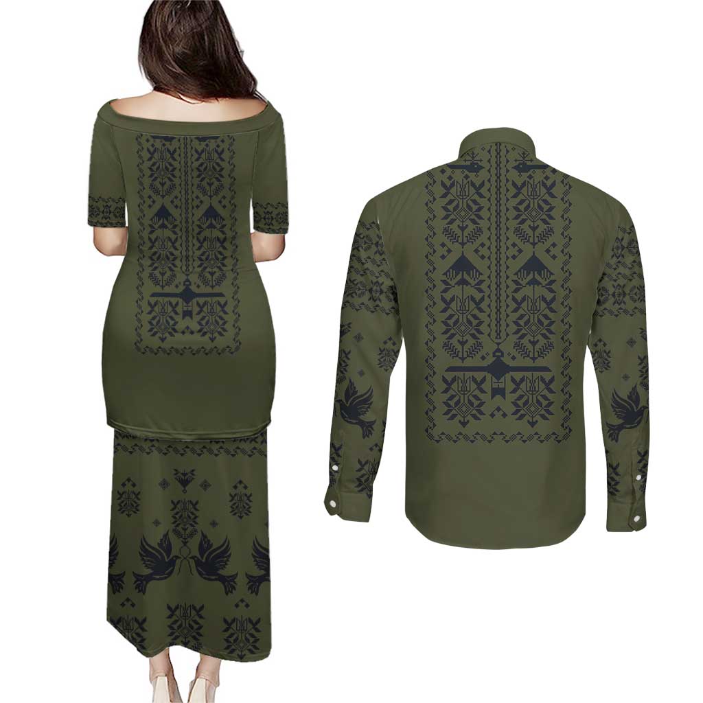 Ukraine Military Vyshyvanka Pattern Couples Matching Puletasi and Long Sleeve Button Shirt Ukrainian Heritage Green Tactical Style - Wonder Print Shop